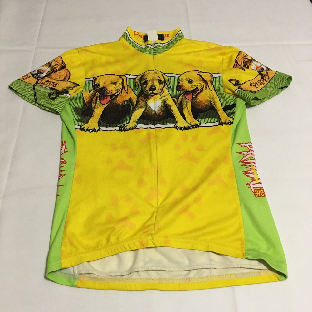Primal Cycling Jersey Womens Small Yellow Puppy Love Dog Short Sleeve 3/4 Zip